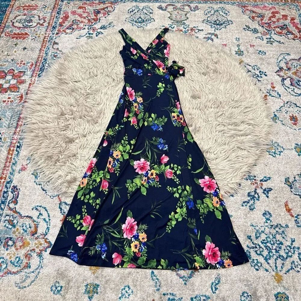 Le Lis Floral Tropical Navy Wrap Maxi Dress Size medium